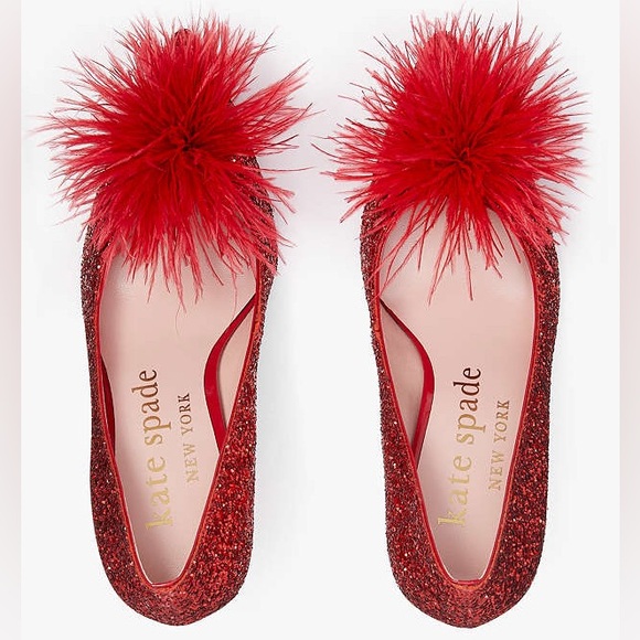 ♠️kate spade Marabou Glitter Pluff Pumps, Red NIB - Picture 4 of 6